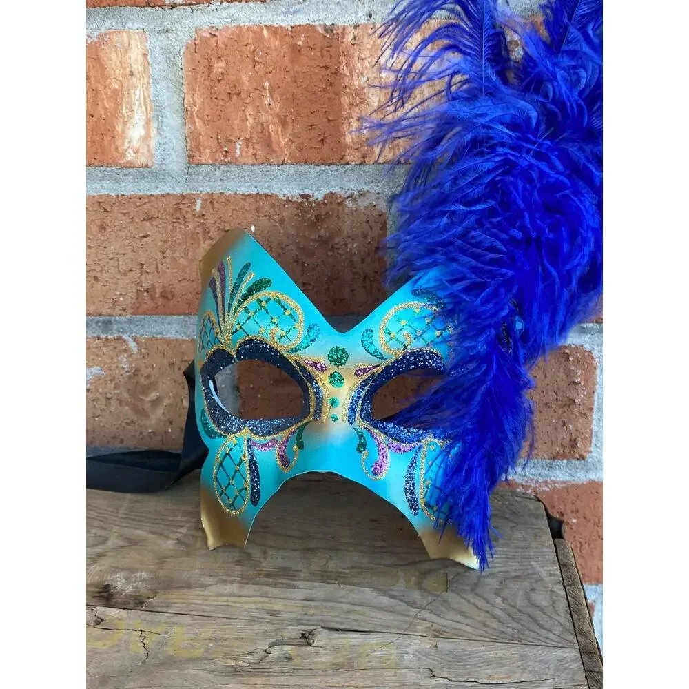 Pier 1 Mask Maschera Del Galeone Italy Hand-Painted Masquerade Blue Feathers
